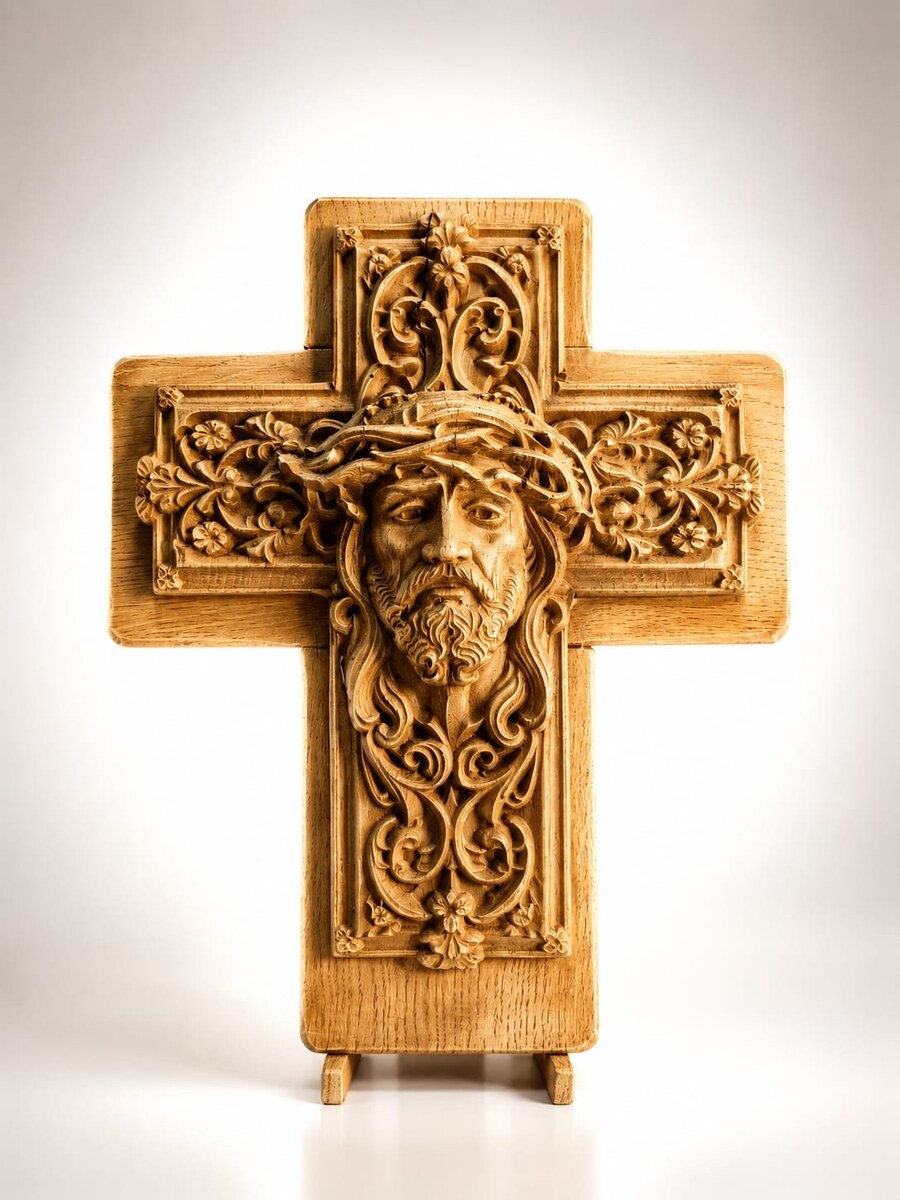 Icoană 3D - Cruce cu chipul lui Iisus sculptată în lemn