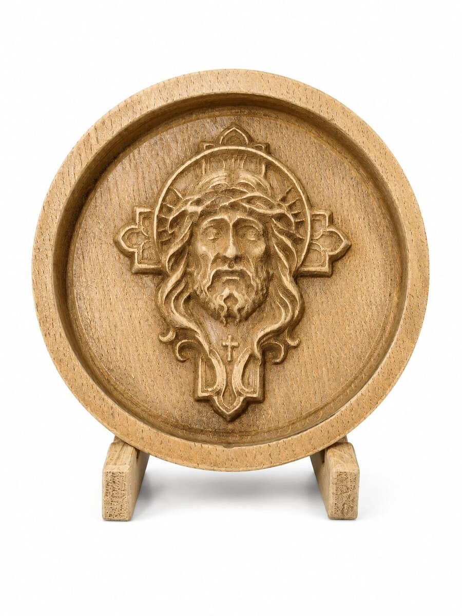 Sculptură în lemn - chipul lui Iisus cu coroana de spini