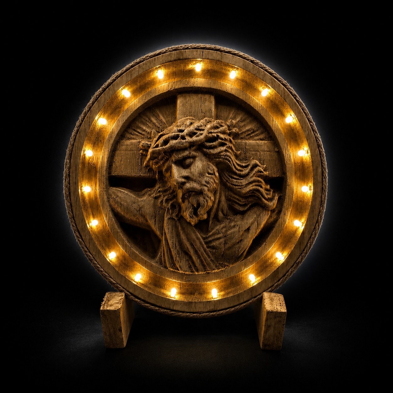 Ornament iluminat - Iisus pe cruce cu LED, fundal negru