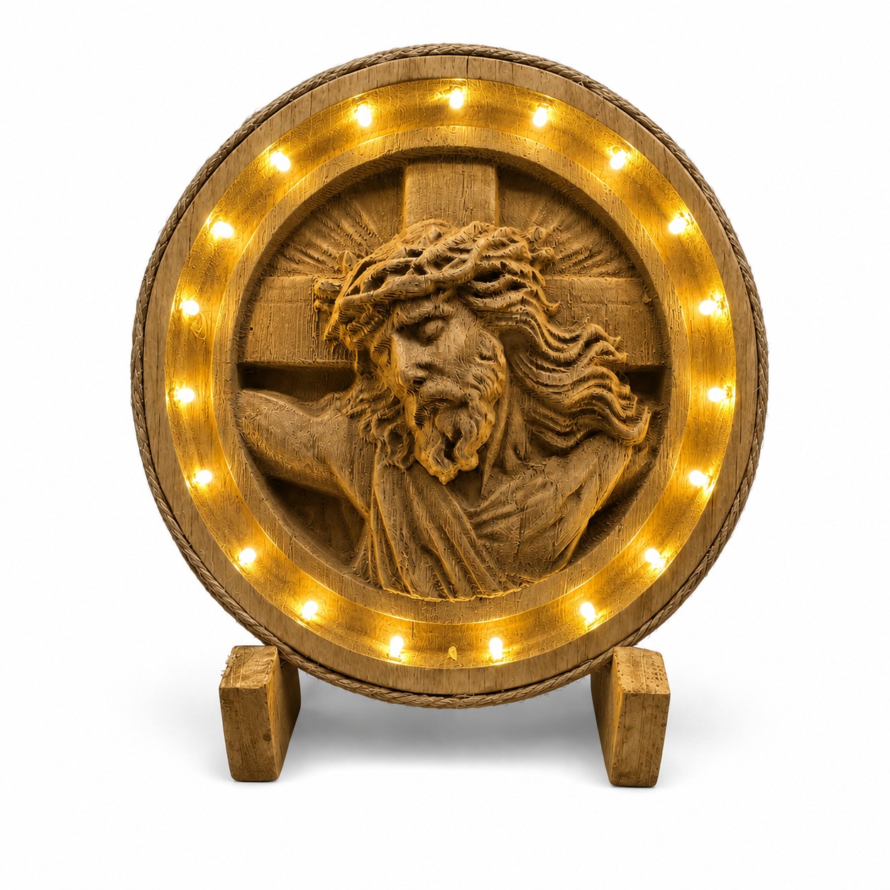 Ornament iluminat - Iisus pe cruce cu LED, fundal alb
