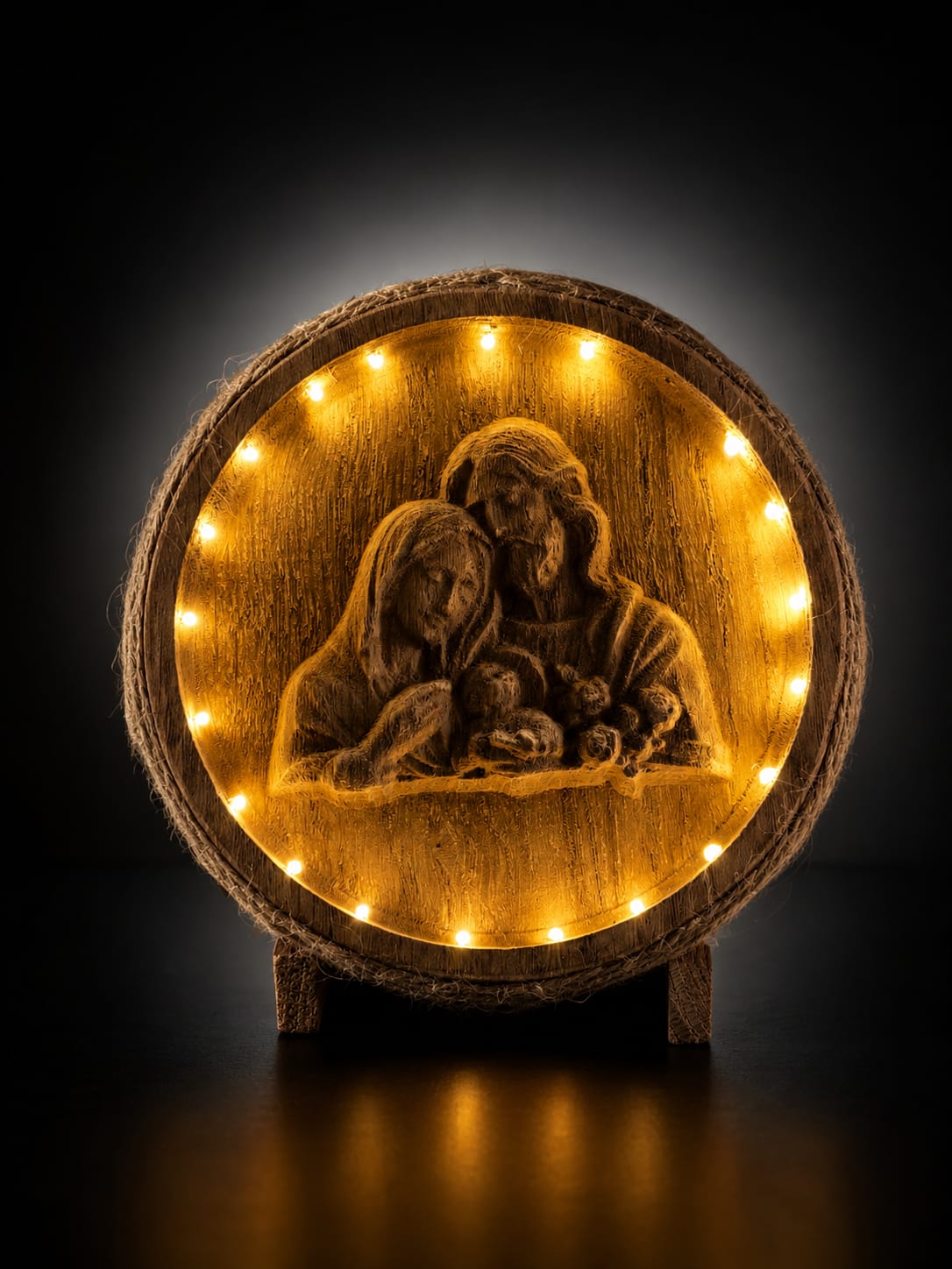 Ornament iluminat - Sfânta Familie cu LED, fundal negru